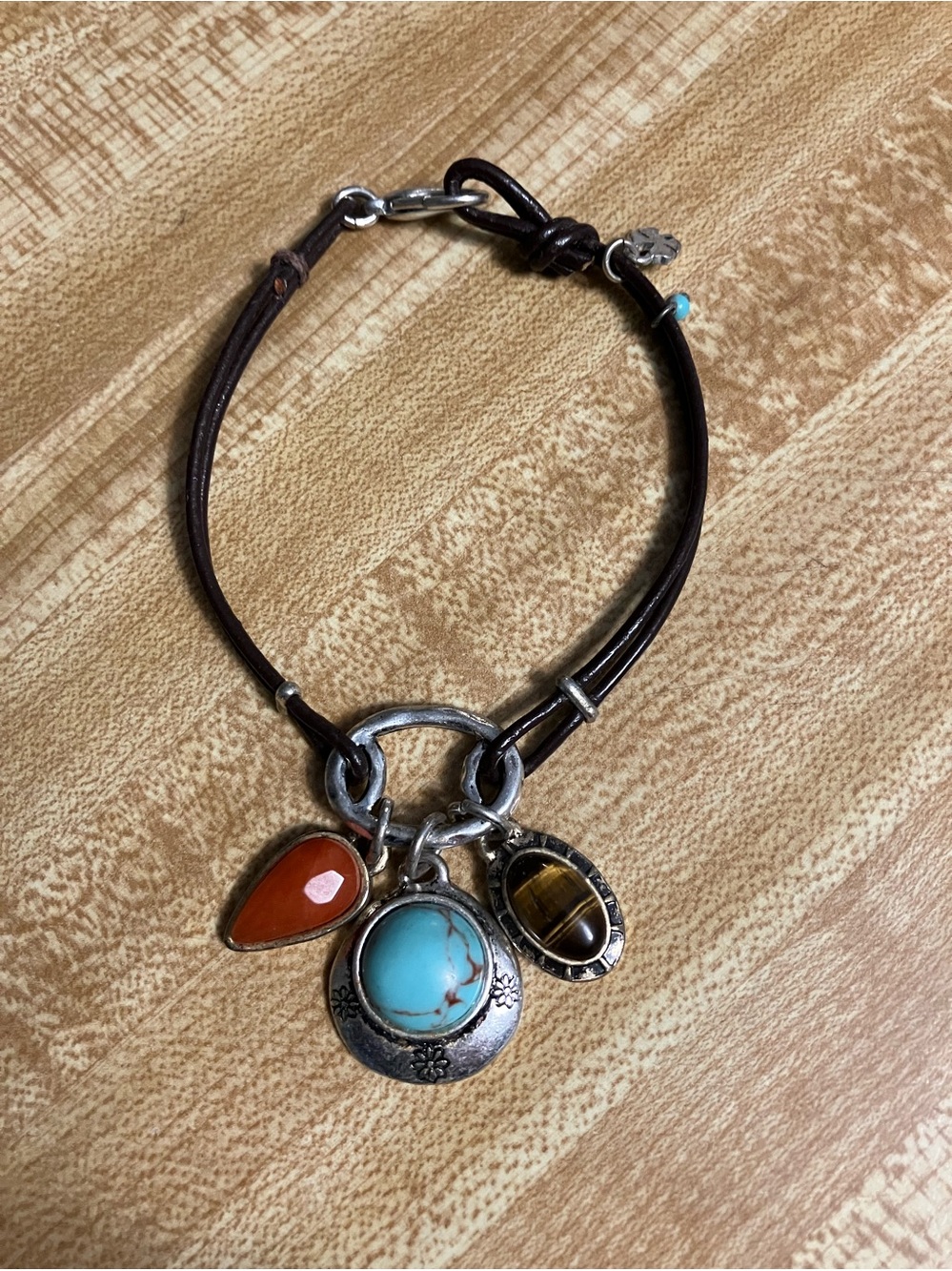 🌸Lucky Brand ☘️Brown Leather Bracelet with Turquoise, Coral and Tiger Eye Charms